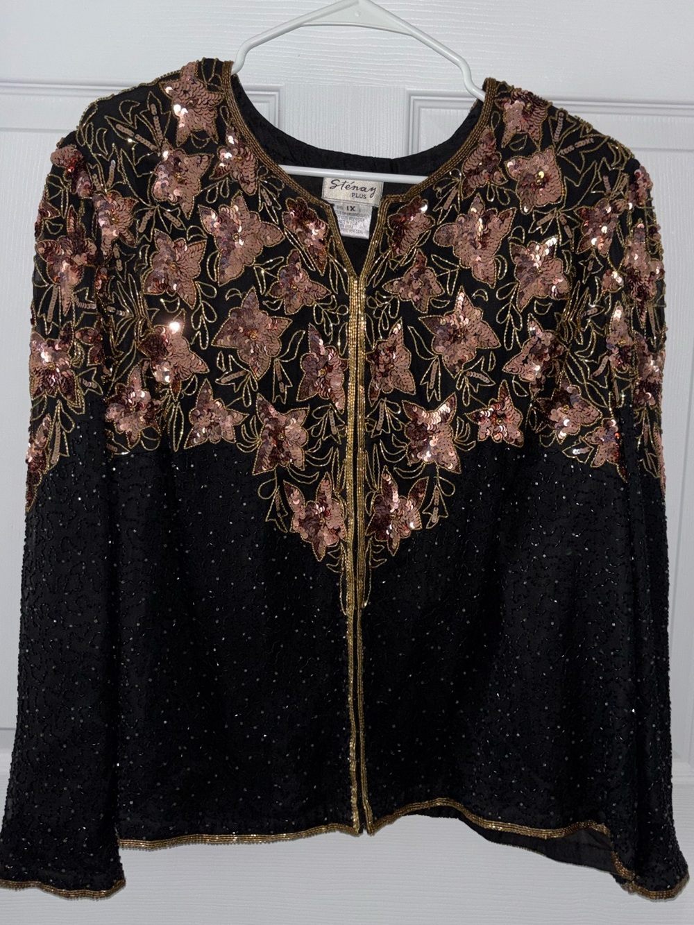 Stenay Black Silk Jacket with Gold Sequin Floral Embellishment Women’s Sz 1x